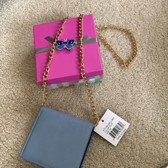 OLIVIA MILLER Faux Leather Blue Wallet With Gold Chain Strap NWT and Gift Box - Picture 10 of 16